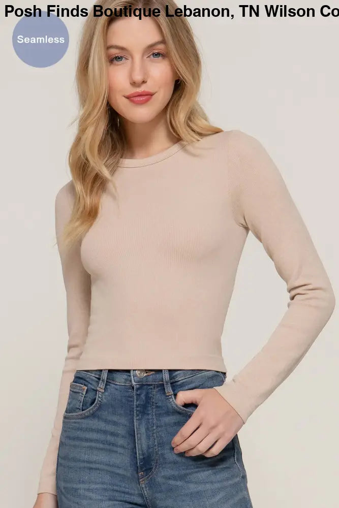 Long Sleeve Crew Neck Rib Seamless Top: Olive - Posh Finds