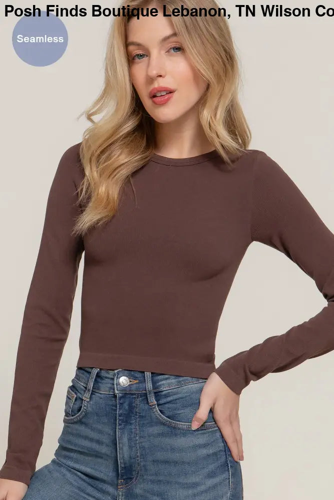 Long Sleeve Crew Neck Rib Seamless Top: Olive - Posh Finds