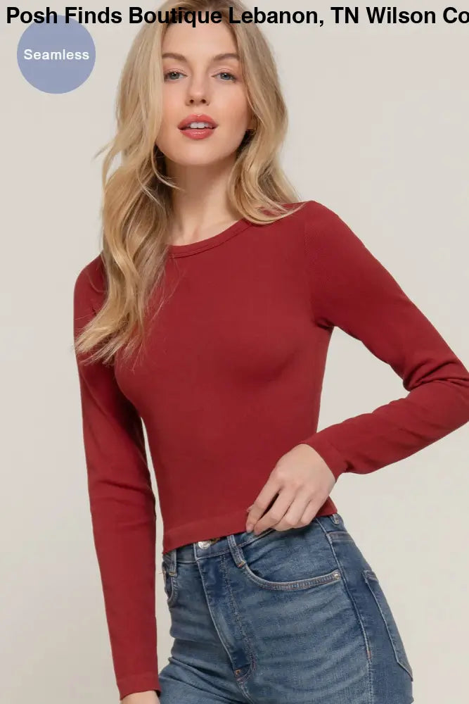 Long Sleeve Crew Neck Rib Seamless Top: Olive - Posh Finds