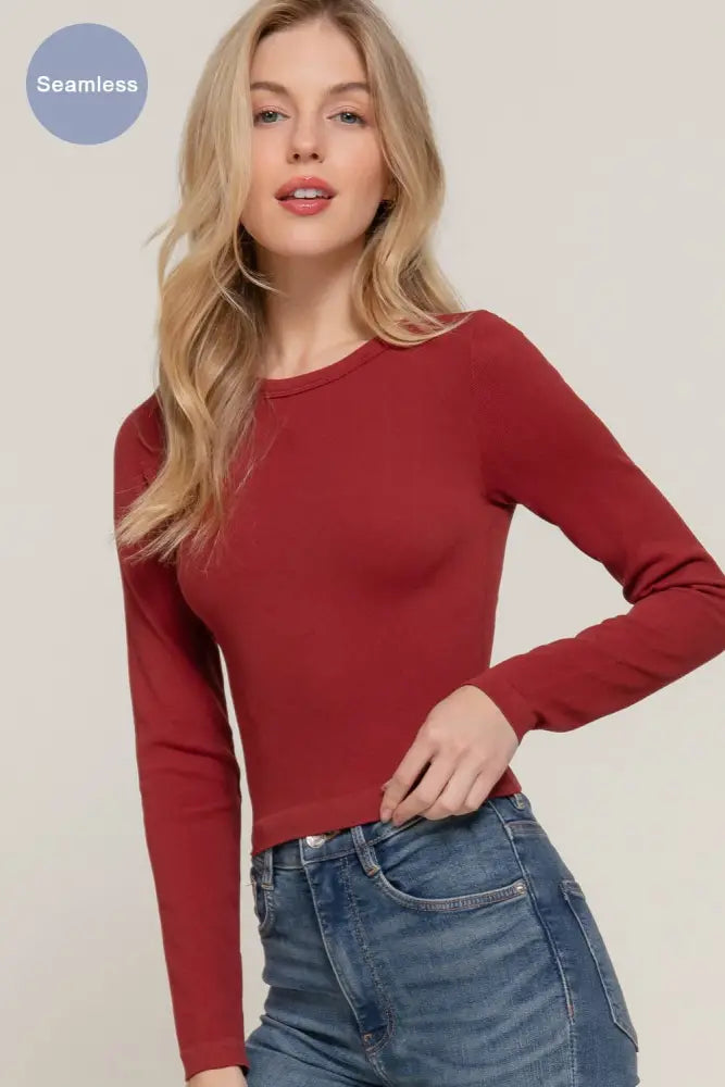 Long Sleeve Crew Neck Rib Seamless Top: Taupe - Posh Finds
