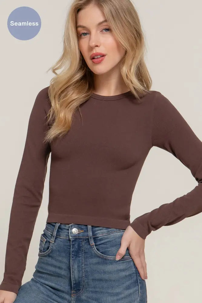 Long Sleeve Crew Neck Rib Seamless Top: Taupe - Posh Finds