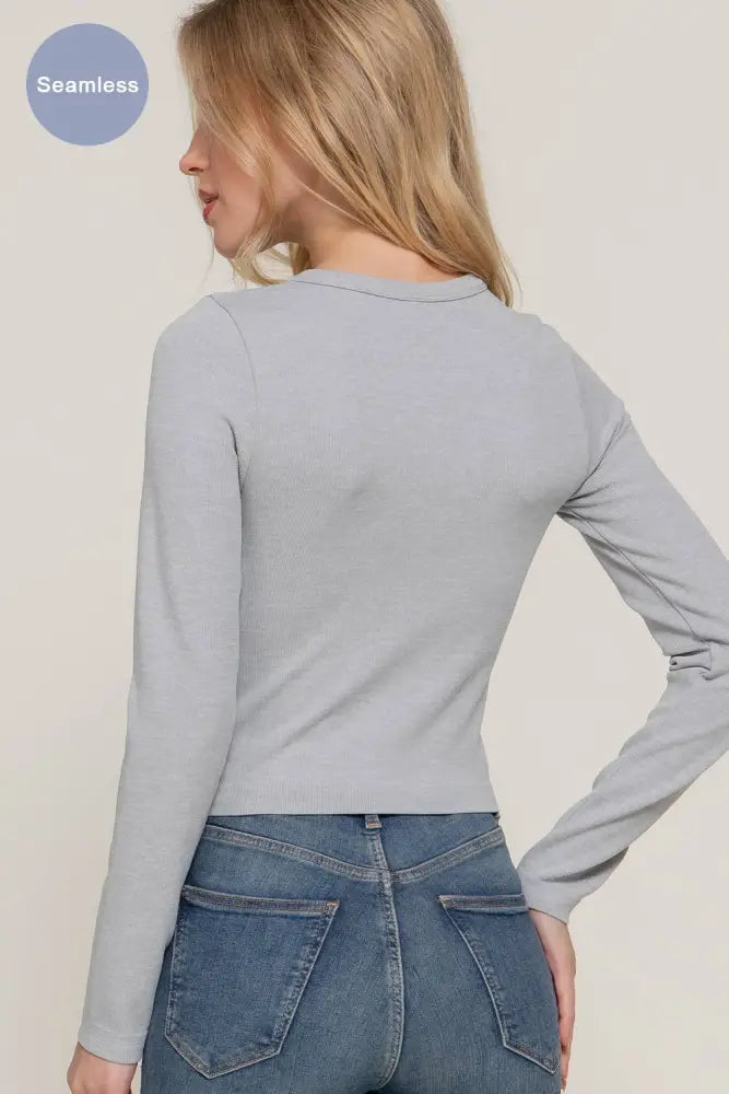 Long Sleeve Crew Neck Rib Seamless Top: Taupe - Posh Finds