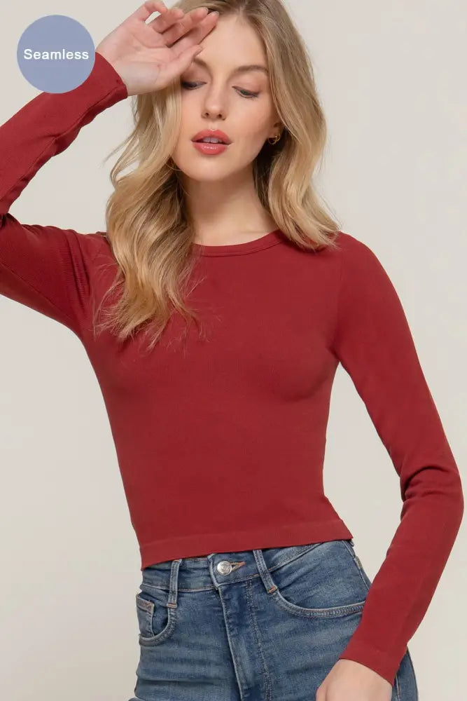 Long Sleeve Crew Neck Rib Seamless Top: Taupe - Posh Finds