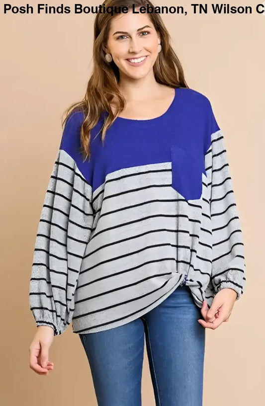 Long Sleeve Heathered Striped Round Neck Top Blue - Posh Finds