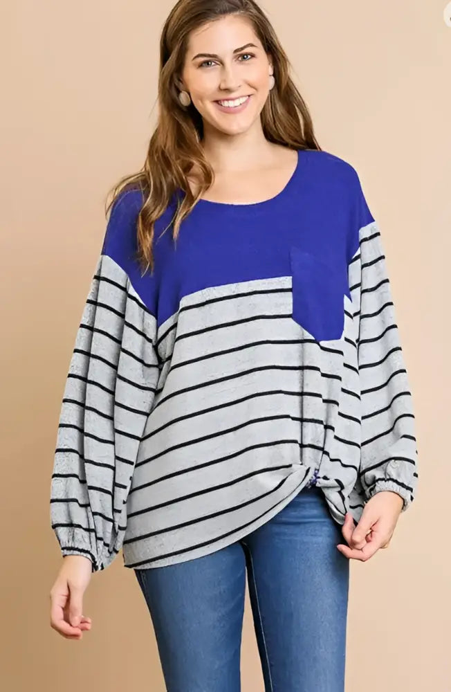 Long Sleeve Heathered Striped Round Neck Top Blue - Posh Finds
