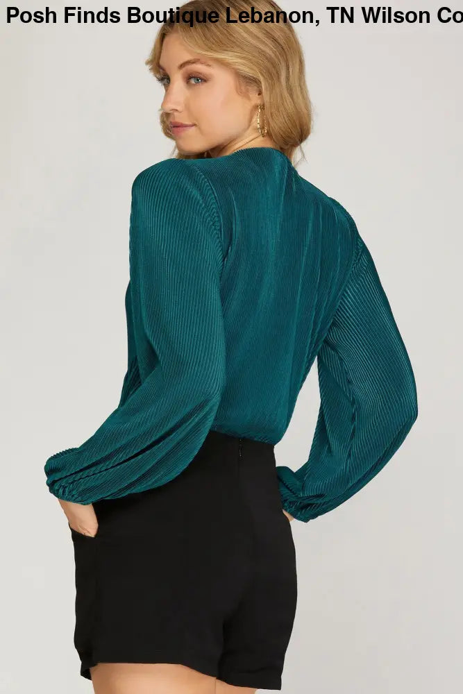 LONG SLEEVE PLEATED WOVEN BODYSUIT Hunter Green or Magenta - Posh Finds
