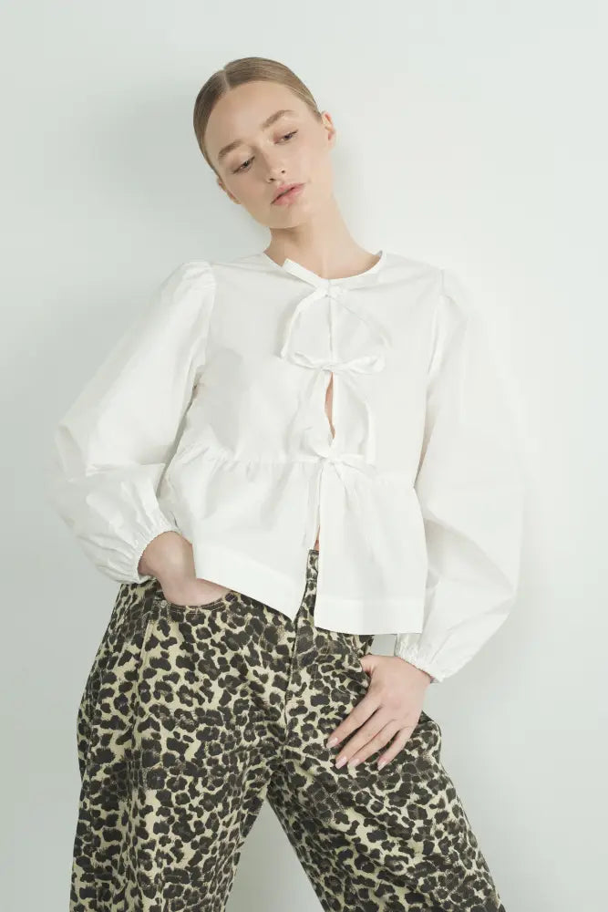 LONG SLEEVE POPLIN BOW TIE BLOUSE - Posh Finds