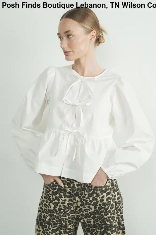 LONG SLEEVE POPLIN BOW TIE BLOUSE - Posh Finds