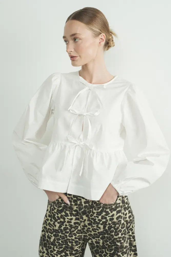 LONG SLEEVE POPLIN BOW TIE BLOUSE - Posh Finds