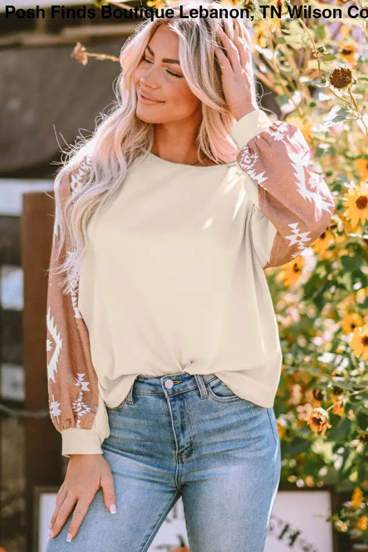 Long Sleeve Top with Western Print Patches: Apricot - Posh Finds
