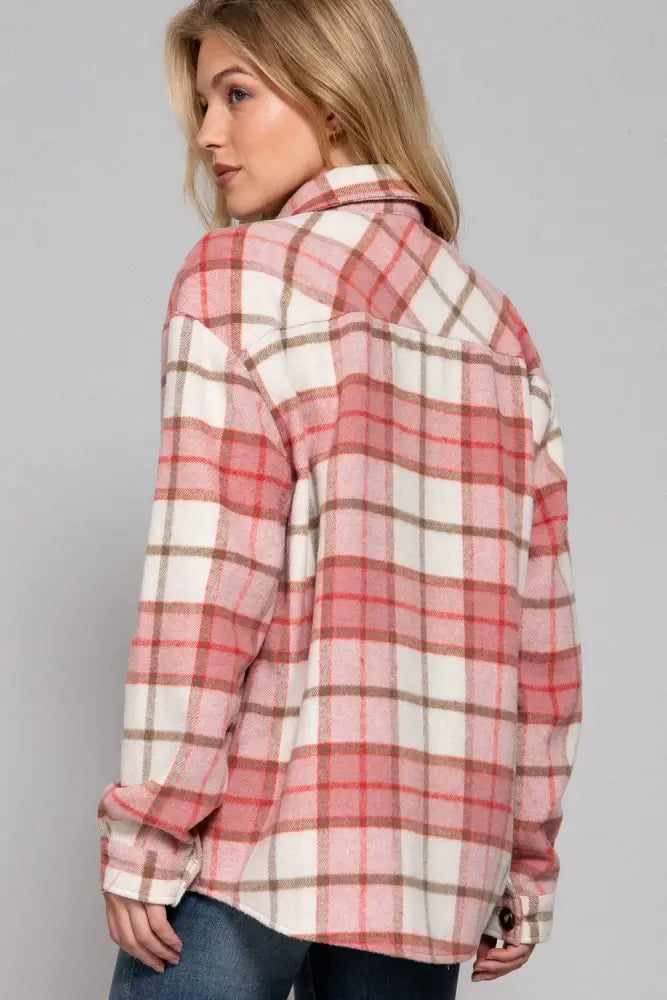 Long Sleeve Wool Blend Plaid Button Down Casual Jacket Pink - Posh Finds