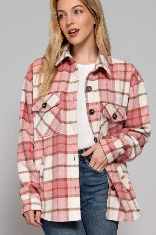 Long Sleeve Wool Blend Plaid Button Down Casual Jacket Pink - Posh Finds