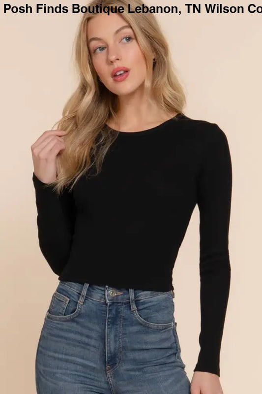 Long Slv Round Neck Cotton Span Rib Tee: BLACK - Posh Finds
