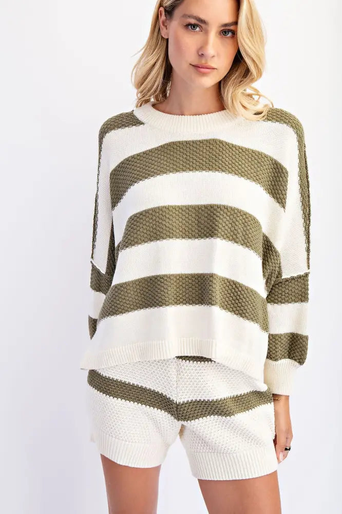 Loose Fit Stripe Sweater Cream/Olive - Sweater