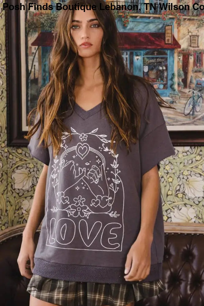 Love Graphic French Terry Loose Fit T-shirt: ASH GREY - Posh Finds