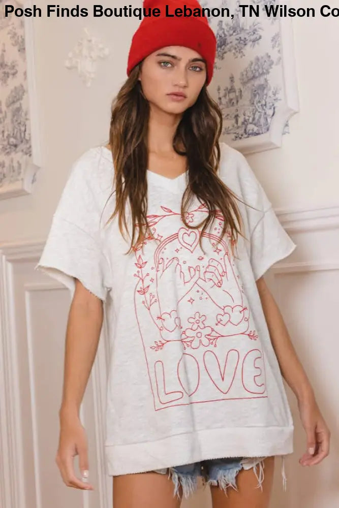 Love Graphic French Terry Loose Fit T-shirt: ASH GREY - Posh Finds
