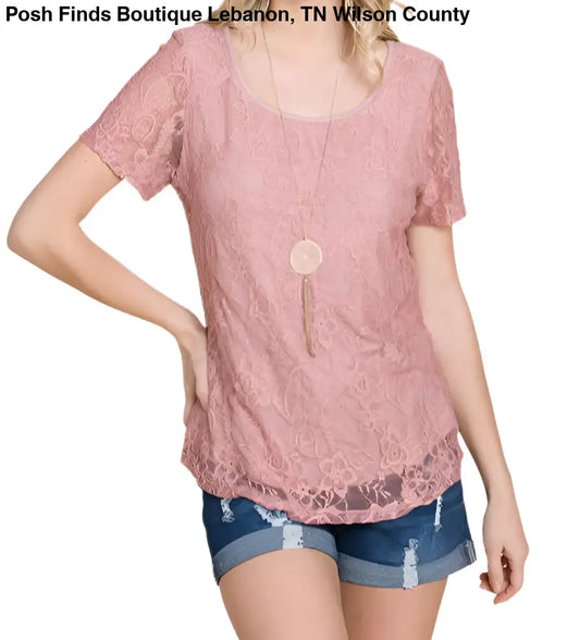 Lovely Lace Panel Short Sleeve Top: Mauve - Posh Finds