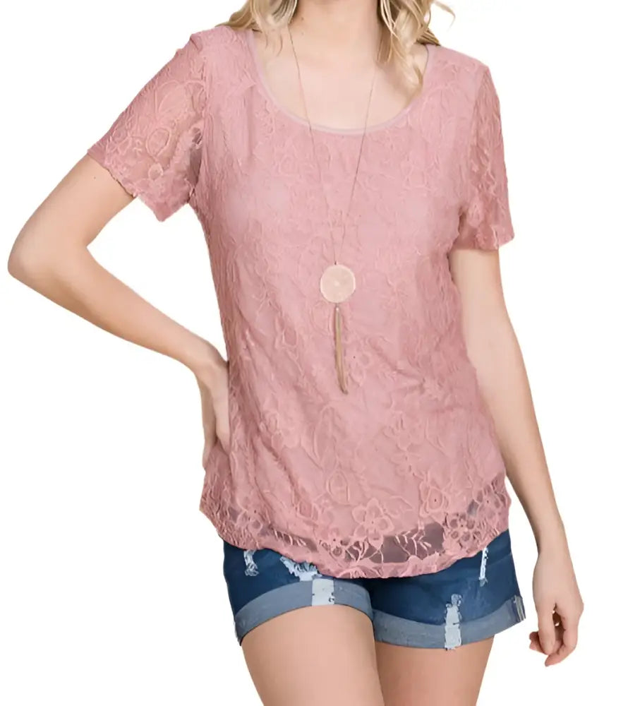 Lovely Lace Panel Short Sleeve Top: Mauve - Posh Finds