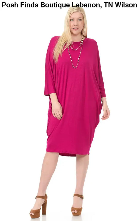 Magenta Plus Size Side Draped Dolman Sleeves Dress - Women > Dresses