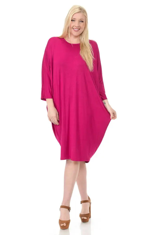 Magenta Plus Size Side Draped Dolman Sleeves Dress - Women > Dresses