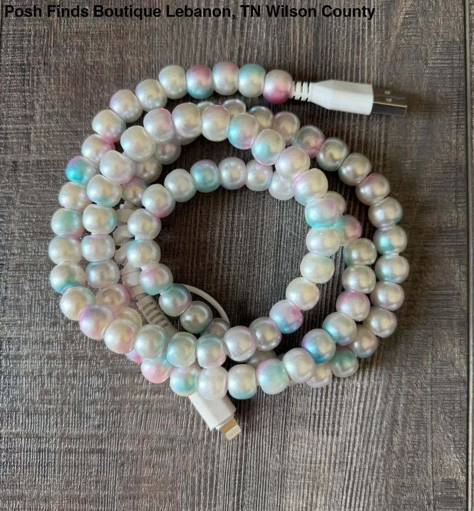 Mermaid Beaded Phone Charger with Lightning & USB-C: White Blue - Phone Charger