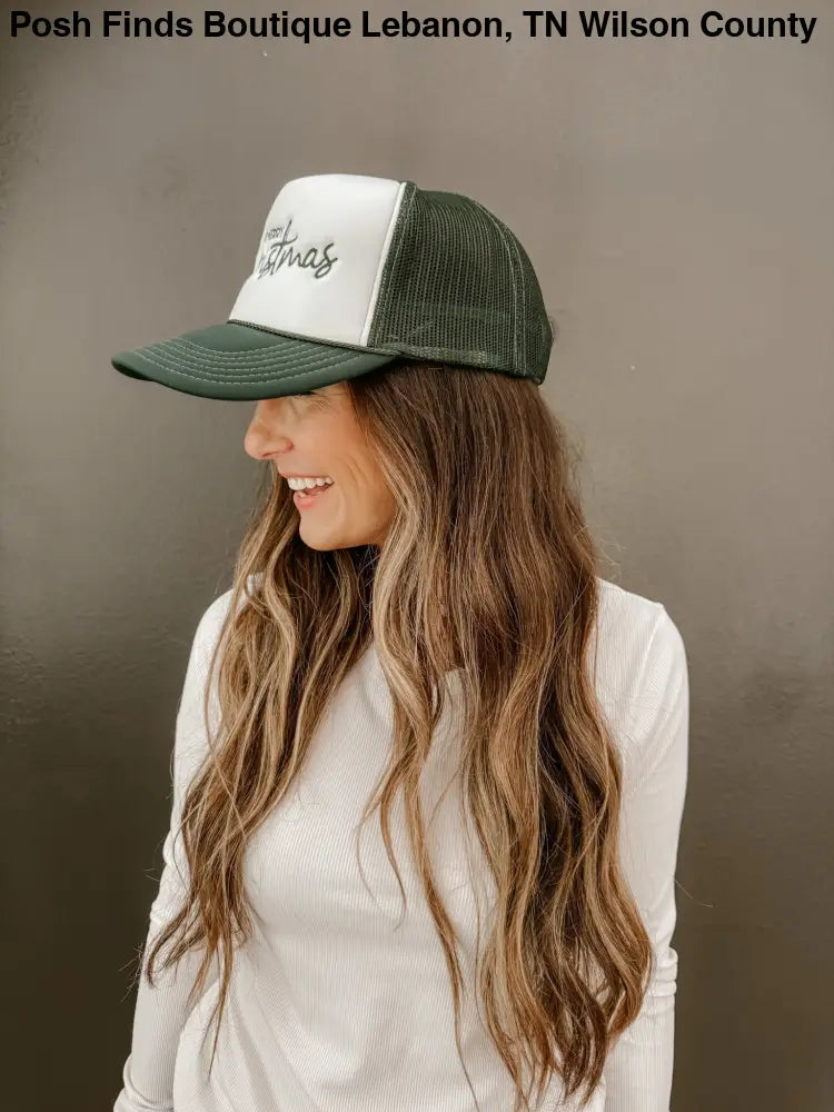 Merry Christmas Trucker Hat Embroidered in Green - Posh Finds