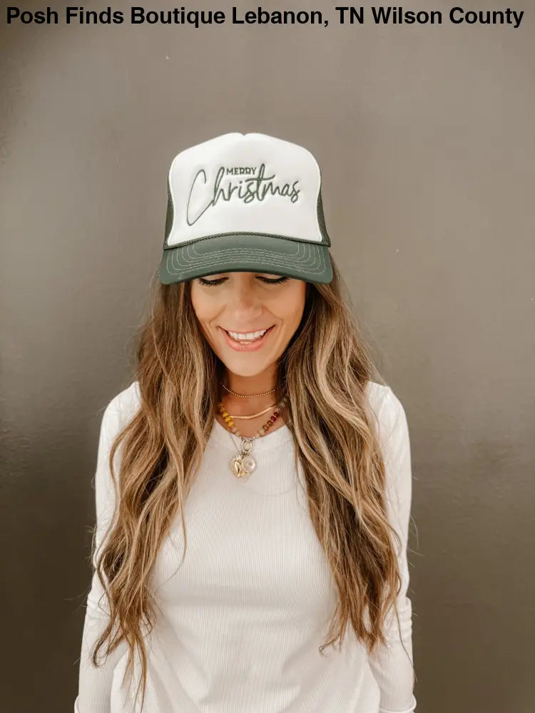 Merry Christmas Trucker Hat Embroidered in Green - Posh Finds