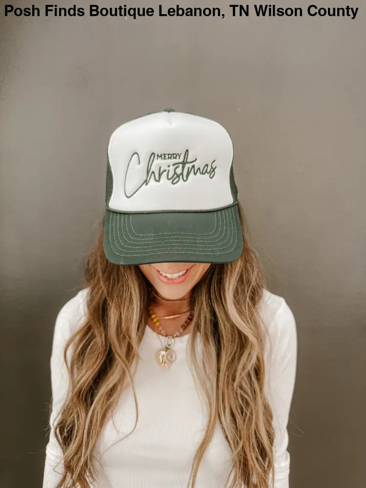 Merry Christmas Trucker Hat Embroidered in Green - Posh Finds