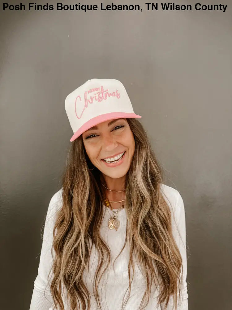 Merry Christmas Trucker Hat Embroidered in Pink - Posh Finds