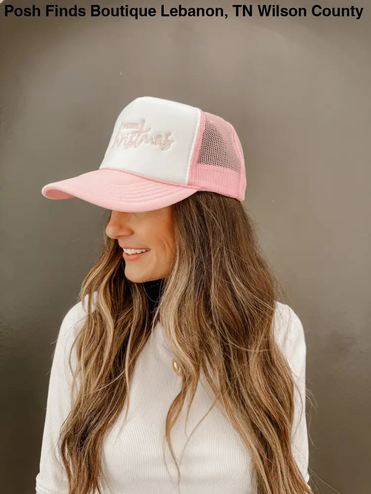Merry Christmas Trucker Hat Embroidered in Pink - Posh Finds