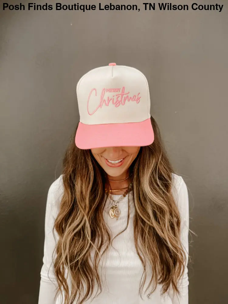 Merry Christmas Trucker Hat Embroidered in Pink - Posh Finds