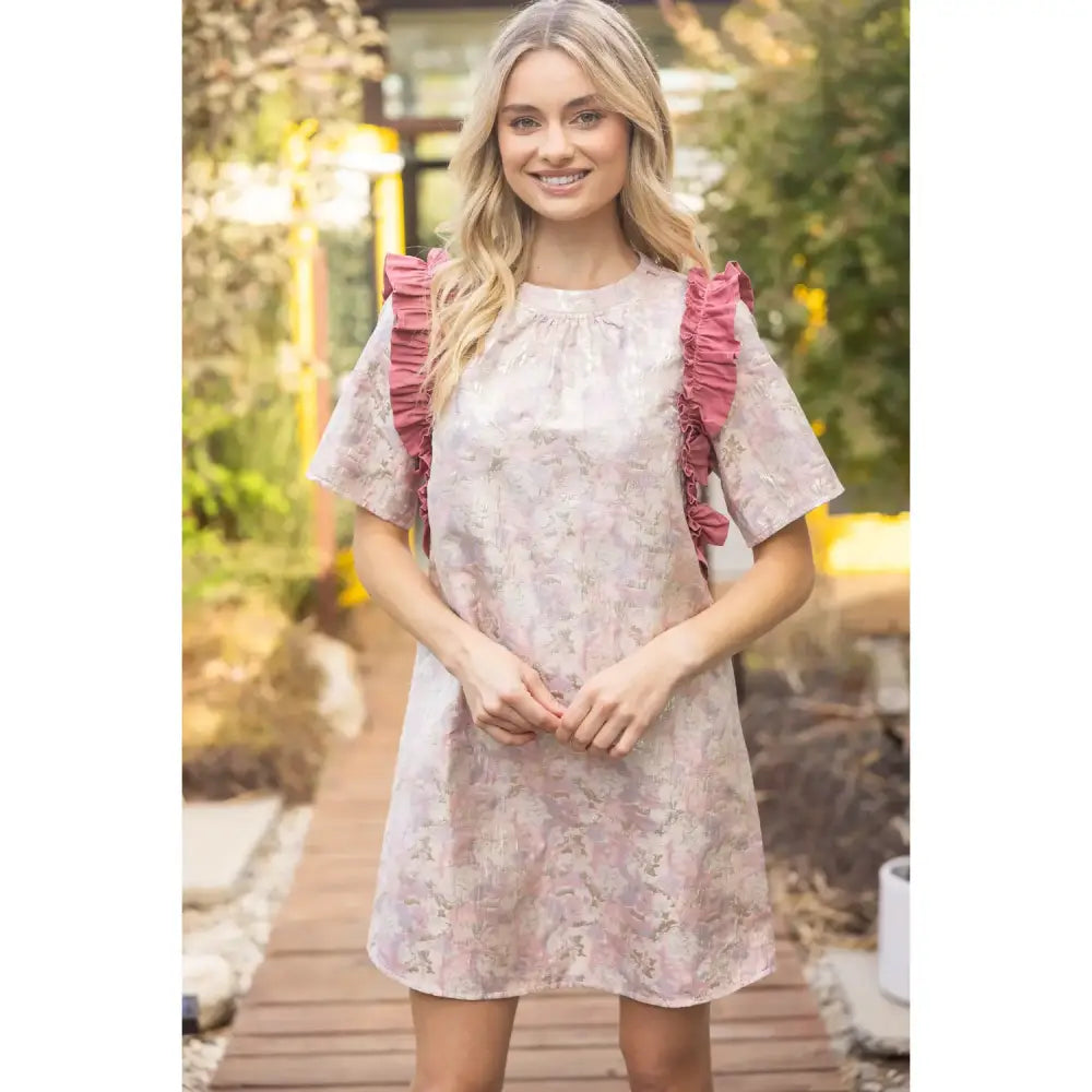 Metallic Jacquard Contrast Ruffle Dress - Posh Finds