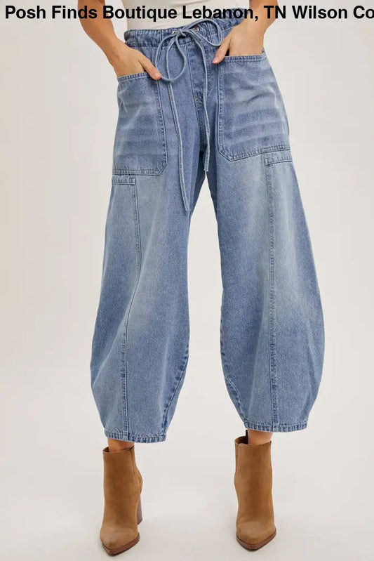 MID-WAIST DRAWSTRINGS BARREL JEANS: LT.WASH - Posh Finds
