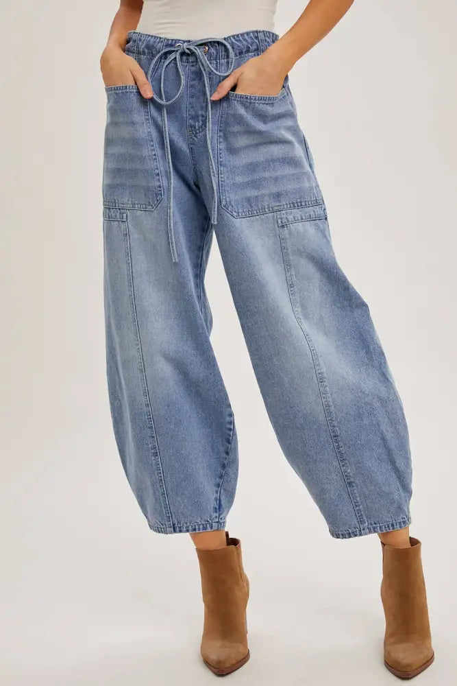 MID-WAIST DRAWSTRINGS BARREL JEANS: MED.WASH - Posh Finds