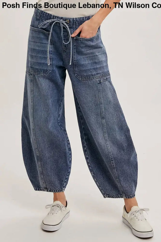 MID-WAIST DRAWSTRINGS BARREL JEANS: MED.WASH - Posh Finds