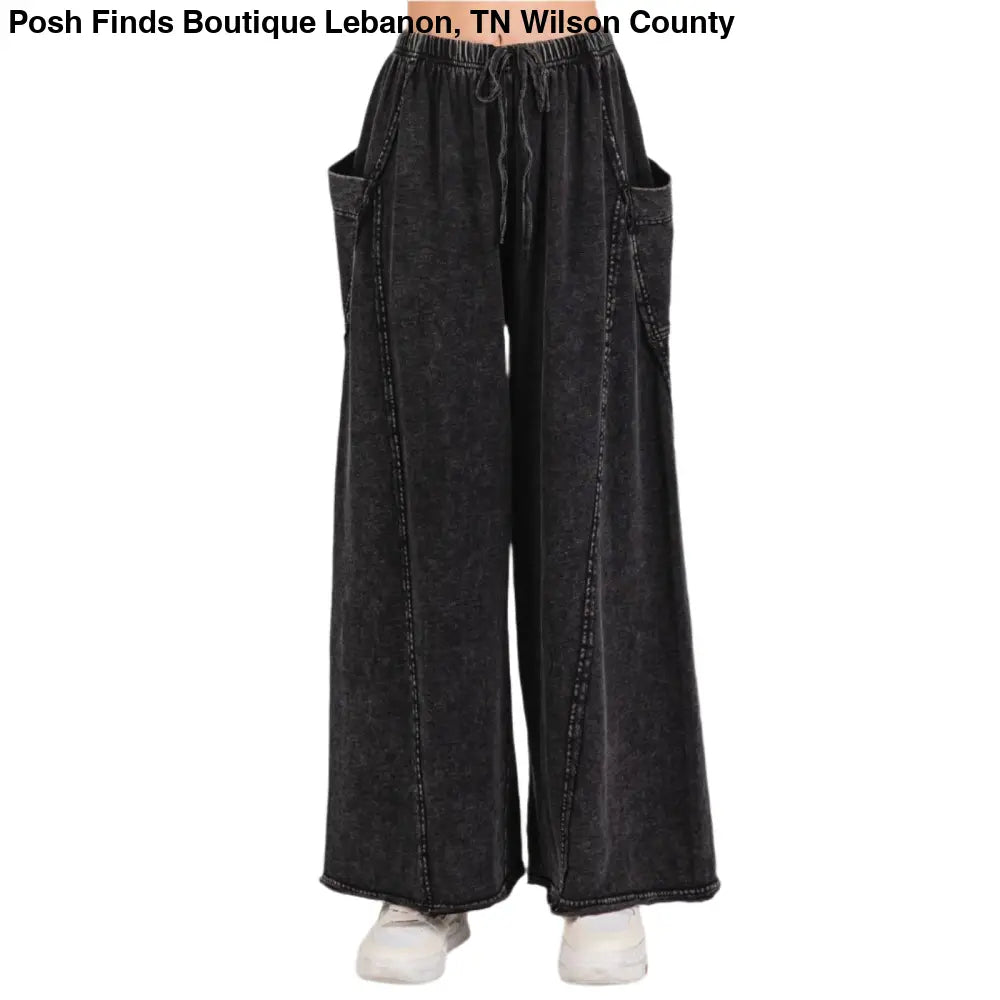 MINERAL WASH DROPPED SIDE POCKET WIDE LEG PANTS: BLACK - Posh Finds