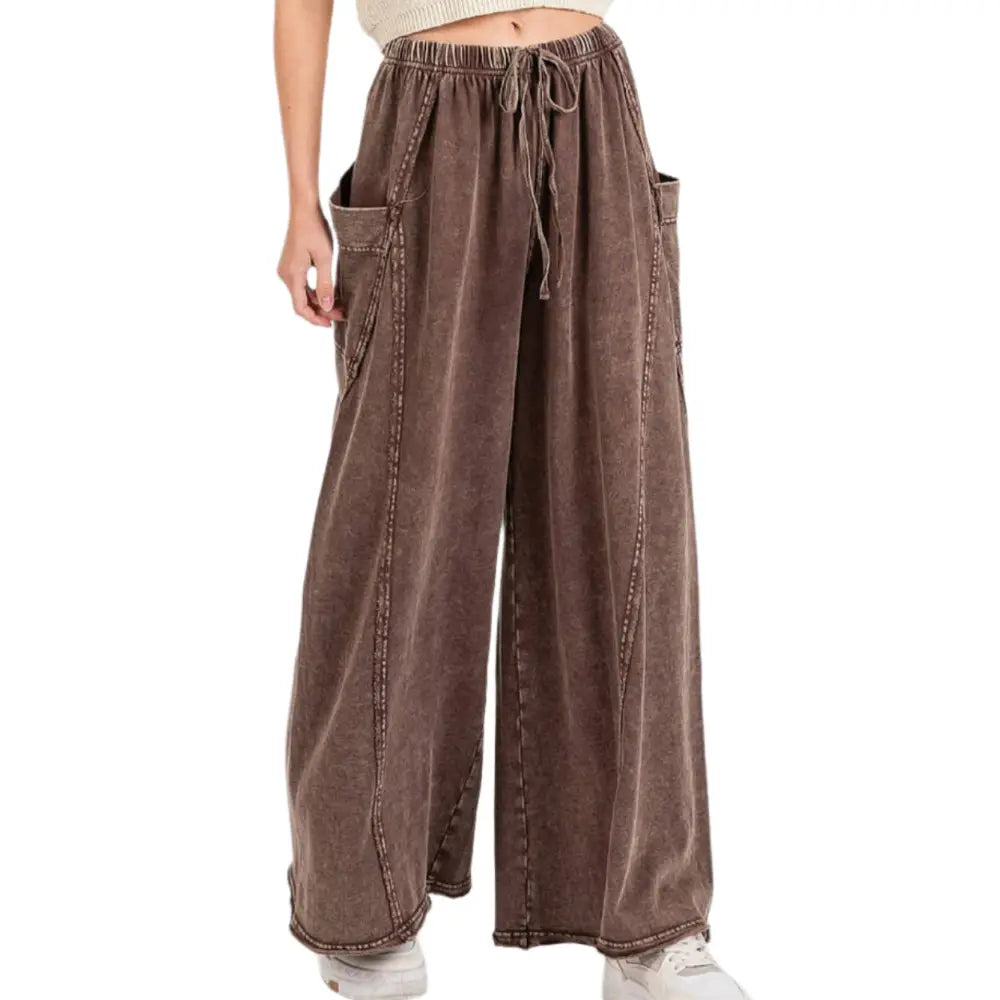MINERAL WASH DROPPED SIDE POCKET WIDE LEG PANTS: COCO - Posh Finds