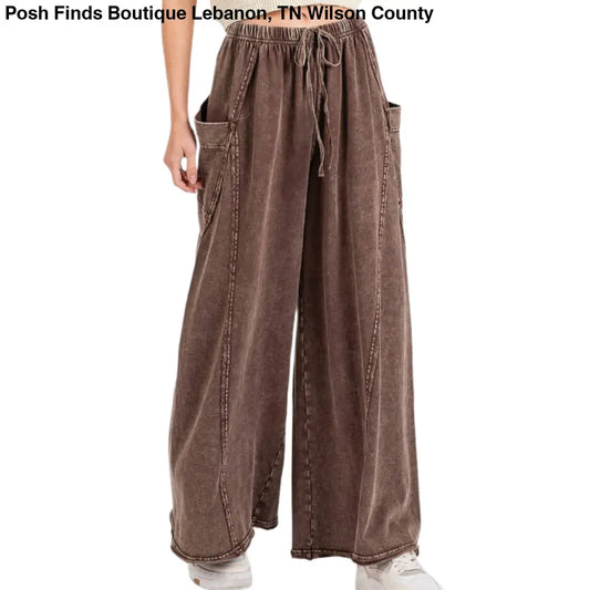 MINERAL WASH DROPPED SIDE POCKET WIDE LEG PANTS: COCO - Posh Finds