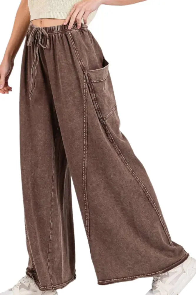 MINERAL WASH DROPPED SIDE POCKET WIDE LEG PANTS: COCO - Posh Finds