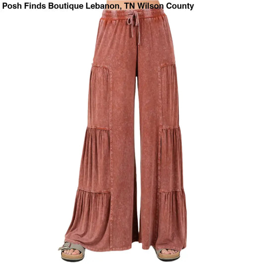 MINERAL WASH TIERED WIDE LEG ELASTIC WAIST PANTS: SIENNA - Posh Finds