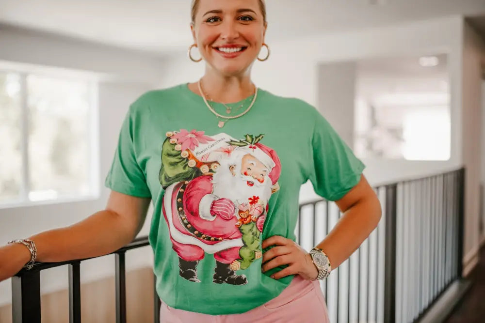 Mint Green Vintage Pink Santa Tee - Posh Finds