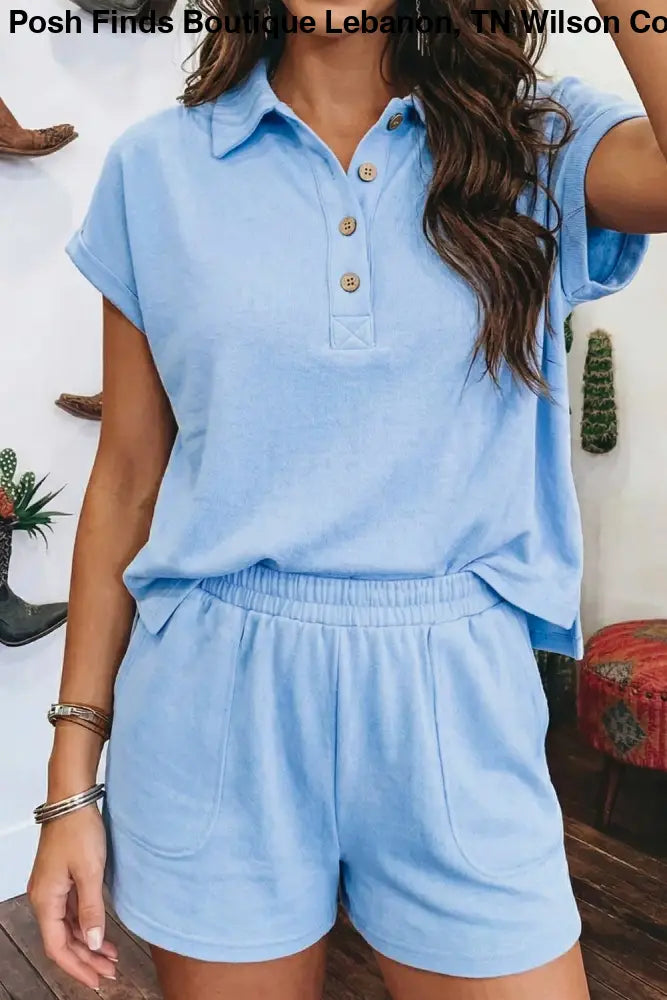 Mist Blue Solid Loose Polo Tee Elastic Waist Short Set - set