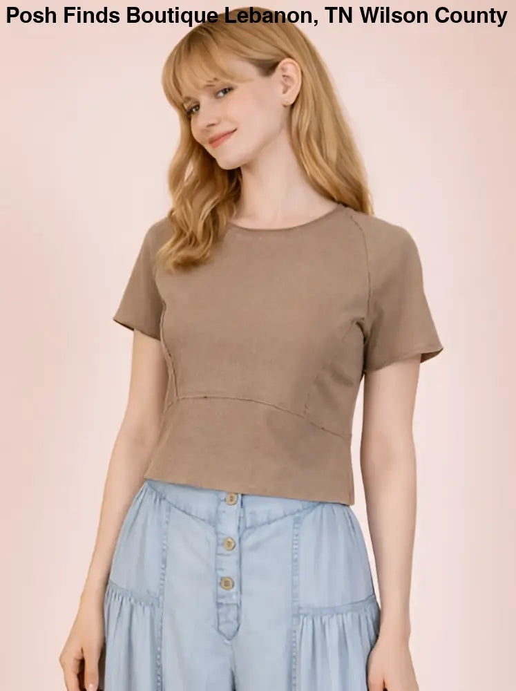 Mocha Short Sleeve Fitted Crop Top - Shorts