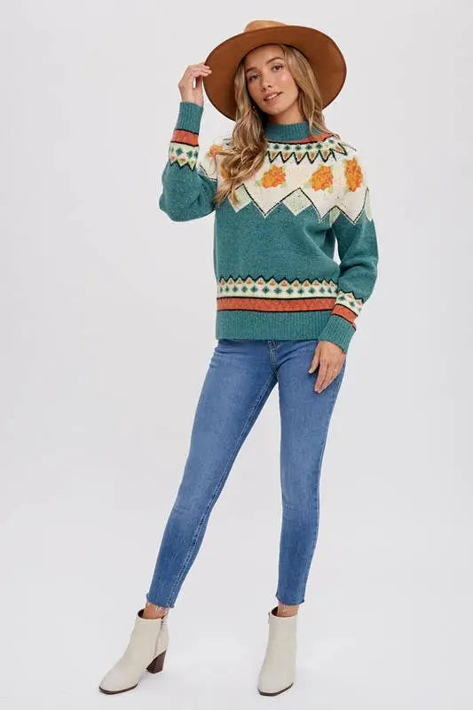 Mock Neck Fair Isle Sweater: DARK MINT - Posh Finds
