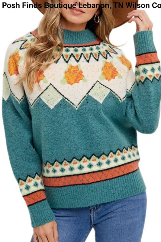 Mock Neck Fair Isle Sweater: DARK MINT - Posh Finds