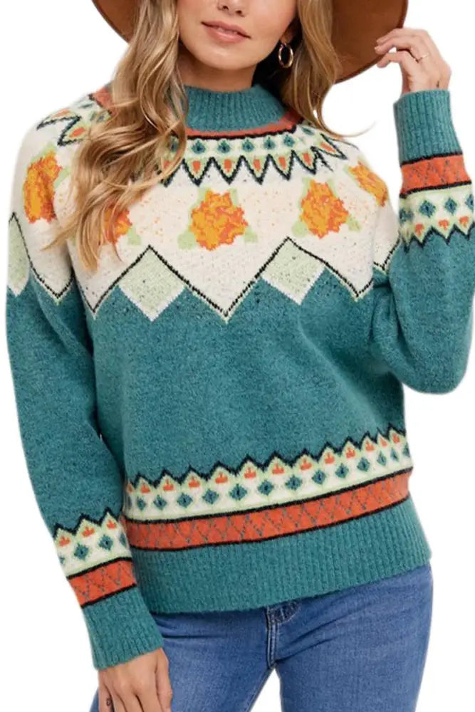 Mock Neck Fair Isle Sweater: DARK MINT - Posh Finds