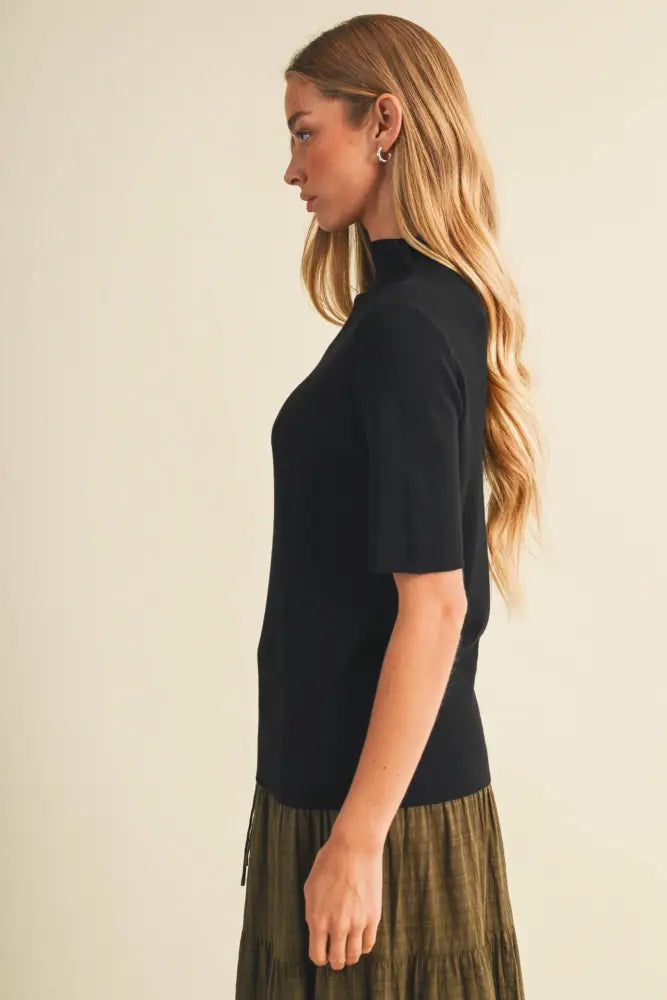 Mock-Neck Fine-Gauge Knit Pullover: Black / M