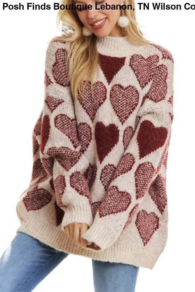 Mock Neck Heart Print Pullover Sweater - Posh Finds