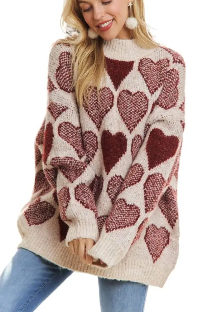 Mock Neck Heart Print Pullover Sweater - Posh Finds