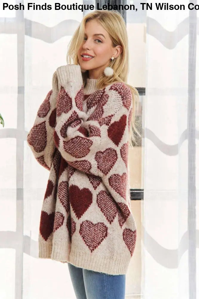 Mock Neck Heart Print Pullover Sweater - Posh Finds